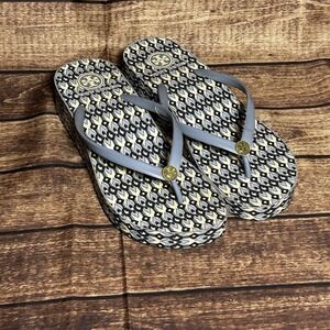 Tory Burch Womens Thandie Wedge Pattern Flip-Flops Sandals Blue Strap Size 10.5